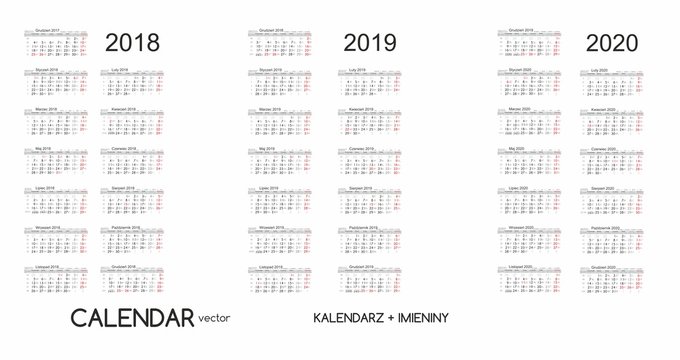 Calendar 2018, 2019, 2020 Kalendarz 2018, 2019, 2020 vector 