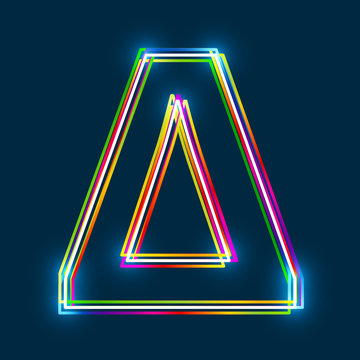 Greek Capital Letter Delta. Multicolor outline font with glowing effect on blue background. Vector EPS10