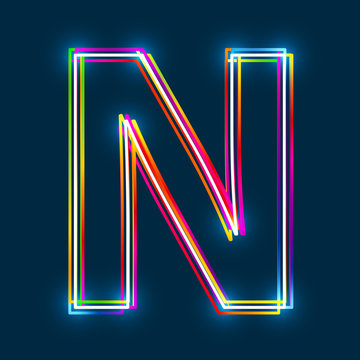 Greek Capital Letter Nu. Multicolor outline font with glowing effect on blue background. Vector EPS10