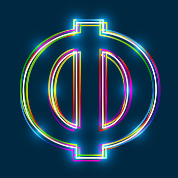 Greek Capital Letter Phi. Multicolor outline font with glowing effect on blue background. Vector EPS10