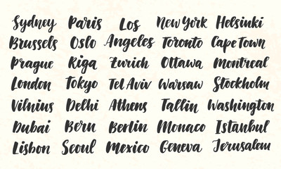 Obraz premium City Names Hand Written Brush Calligraphy Big Set