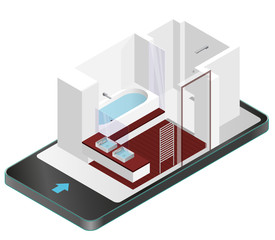 Modern bathroom with wooden floor in mobile phone. Isometric shower enclosure with sliding glass doors in communication technologies. Bathroom sinks with mirror. Vector sanitary washroom equipment.