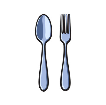 vector fork and spoon sketch cartoon isolated illustration on a white background. Kitchenware equipment utensil objects concept