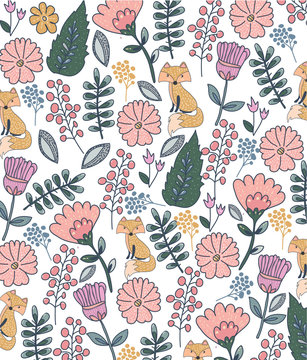 Colorful floral pattern with fox on white background
