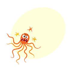 Ugly virus, germ, bacteria character with human face and tentacles, cartoon vector illustration with space for text. Scary bacteria, virus, germ monster with human face, tentacles and sharp teeth
