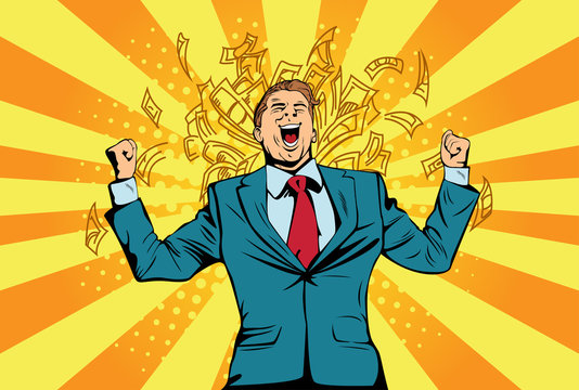 Portrait of a happy businessman standing near a wall with dollar bills falling around him. Financial success celebrating with money, pop art retro comic book vector illustration Lottery and cash prize