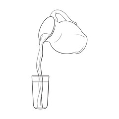 Drawing of liquid, drink pouring from jar into tall glass, sketch vector illustration isolated on white background. Hand drawn glass jar with liquid pouring from it into glass