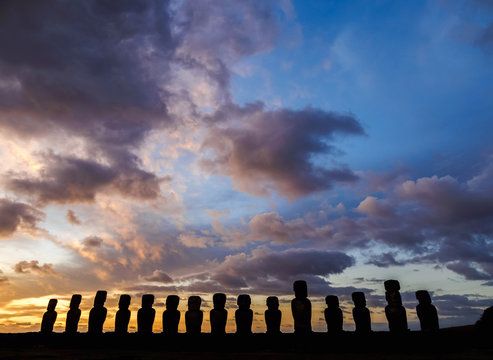 Moais in Ahu Tongariki at sunrise, Rapa Nui National Park, Easter Island, Chile