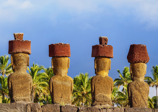 Moais in Ahu Nau Nau by the Anakena Beach, Rapa Nui National Park, Easter Island, Chile