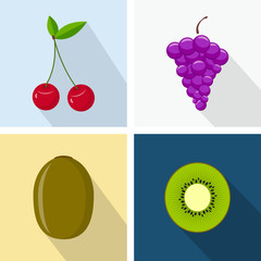 Cherry, grapes and kiwi. Colorful flat design. Fruits with long shadow. Vector icons set