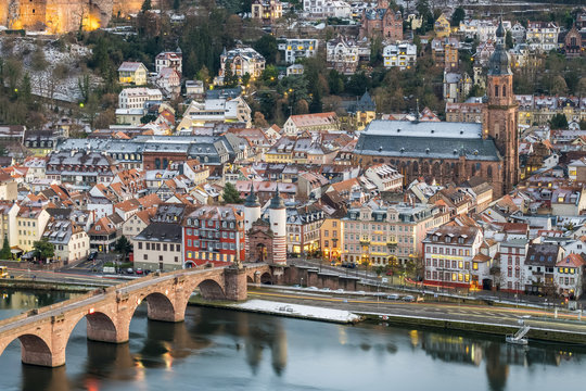Germany, Baden-Württemberg, Heidelberg. Altstadt (Old Town) on the Neckar River in winter.