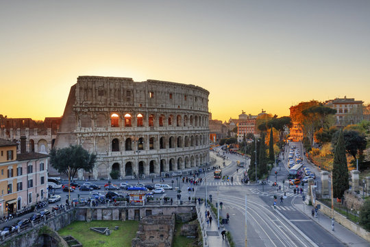 Colosseum and Roman Forum at sunset, Rome, Italy