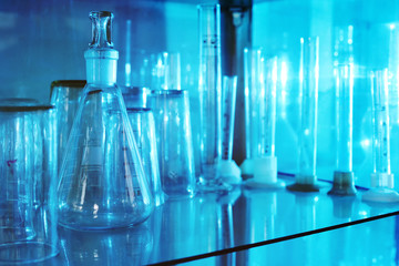 Medical utensils - flasks, test tubes, beakers close-up