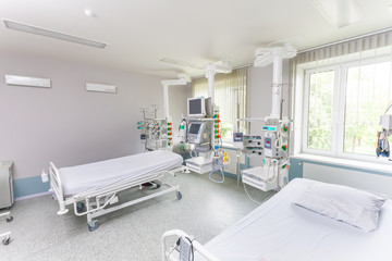 Rehabilitation room with equipment . Resuscitation chamber in municipal hospital.