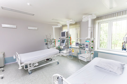 Rehabilitation Room With Equipment . Resuscitation Chamber In Municipal Hospital.