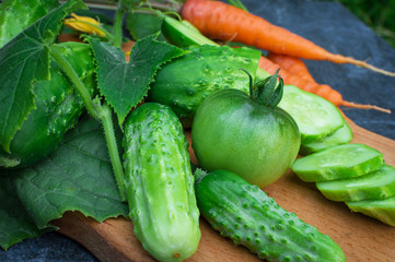 Fresh cucumber, carrots and red beet