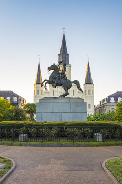 United States, Louisiana, New Orleans, French Quarter. St. Louis Cathedral and statue  of Andrew Jackson on Jackson Square.