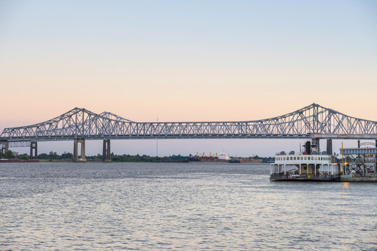 United States, Louisiana, New Orleans. Crescent City Connection, twin span bridges over the Mississippi River.