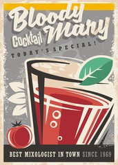 Cocktail bar with glass and Bloody Mary cocktail on old paper texture. Alcoholic drinks vintage promotional design. Retro poster design for cocktail lounge.