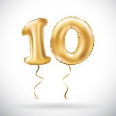 vector Golden number 10 ten metallic balloon. Party decoration golden balloons. Anniversary sign for happy holiday, celebration, birthday, carnival, new year.
