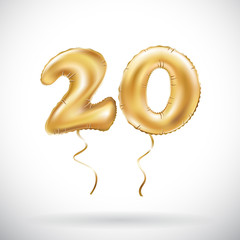 vector Golden number 20 twenty metallic balloon. Party decoration golden balloons. Anniversary sign for happy holiday, celebration, birthday, carnival, new year.