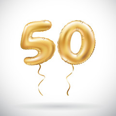 vector Golden number 50 fifty metallic balloon. Party decoration golden balloons. Anniversary sign for happy holiday, celebration, birthday, carnival, new year.