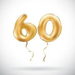 vector Golden number 60 sixty metallic balloon. Party decoration golden balloons. Anniversary sign for happy holiday, celebration, birthday, carnival, new year. - obrazy, fototapety, plakaty