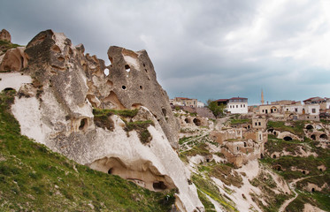 Uchisar castle in rock formation. Cappadocia. Nevsehir Province. Turkey