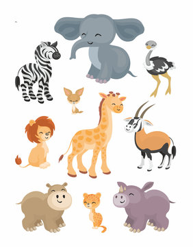 The image of cute African animals in cartoon style. Children’s illustration. Vector set.