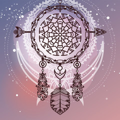 Bohemian tribal dreamcatcher. Ethnic symbol with arrow, decorative feathers, and abstract moon on the background. Abstract boho illustration.