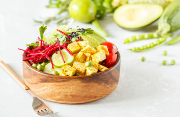 buddha bowl with tofu, zucchini pasta
