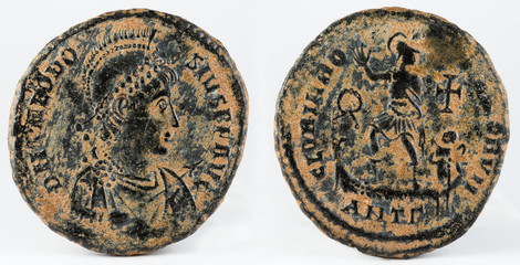 Ancient Roman copper coin of Theodosius I.