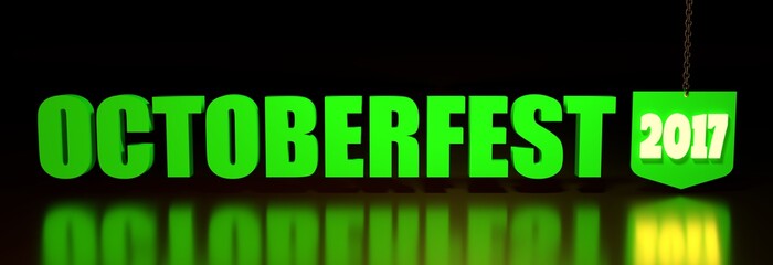 Oktoberfest green word and 2017 year number hanging from a chain on dark background. 3D rendering