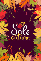 Sales banner with multicolor autumn leaves. Vector