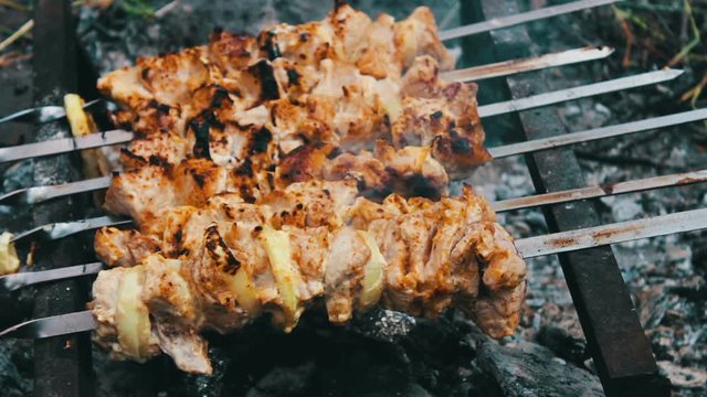 Delicious juicy fried meat on skewer, just cooked on a grill.leisure, food and drinks, people and holidays concept - cooking meat on barbecue grill