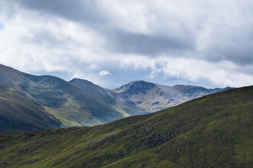 Scottish Highland hillsides in shifting colours against cloudy sky background