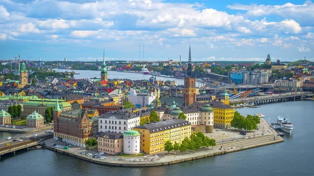 Time lapse of Stockholm, Sweden. Aerial view of Riddarholmen and the old town.