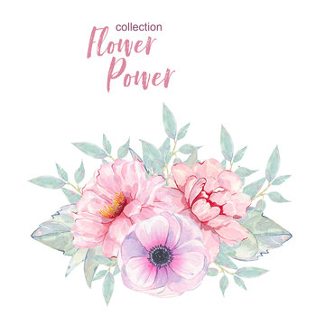 Watercolor hand painted flower pink anemone and peony bouquet isolated