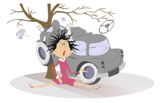Road accident, crashed car and young woman. Shocked woman with raised hair sits near a car which crashed into the tree
