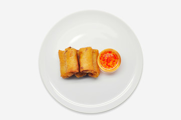  Fried Spring Rolls in white plate on white background
