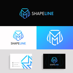 Abstract M letter linear logo company icon shield sign vector design with brand business card.