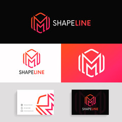 Minimalistic M letter hexagon logo sign linear design.
