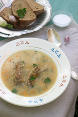 Pea soup with meat. Selective focus.