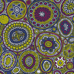 Seamless pattern. Seamless botanic texture, detailed dots and circles illustrations. Ethnic pattern in doodle style, summer floral background. All elements are not cropped and hidden under mask.