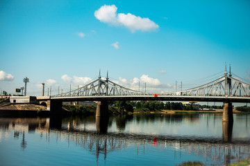 Fototapeta na wymiar Old Bridge in Tver city, Russia. Volga River 