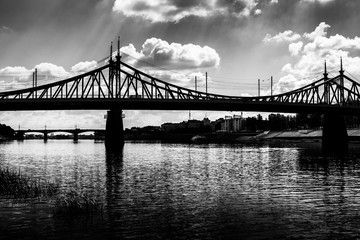 Old and New Bridges in Tver city, Russia. Volga River. Black and White photo