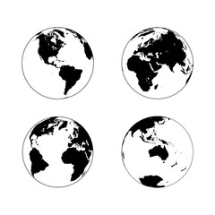 Black Earth globe in line art style in four turns on white background. North and South America, Eurasia and Africa, Atlantic, Australia in rotations. Vector illustration