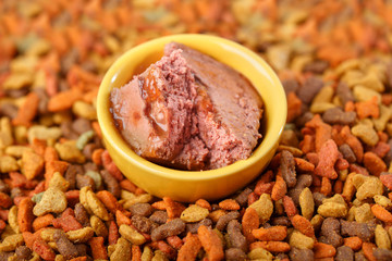 Closeup macro shot of canned wet pet raw food meat in cute yellow bowl and colorful cat dog food in granules on background.