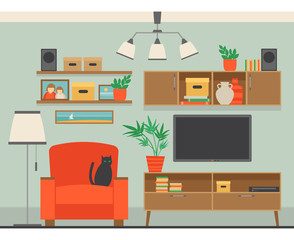 Illustration with modern living room. Set of modular furniture, appliances and other accessories. Flat style