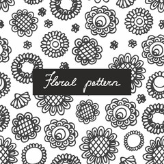 Seamless pattern with small plants and flowers. Hand drawing. Linear pattern for the design